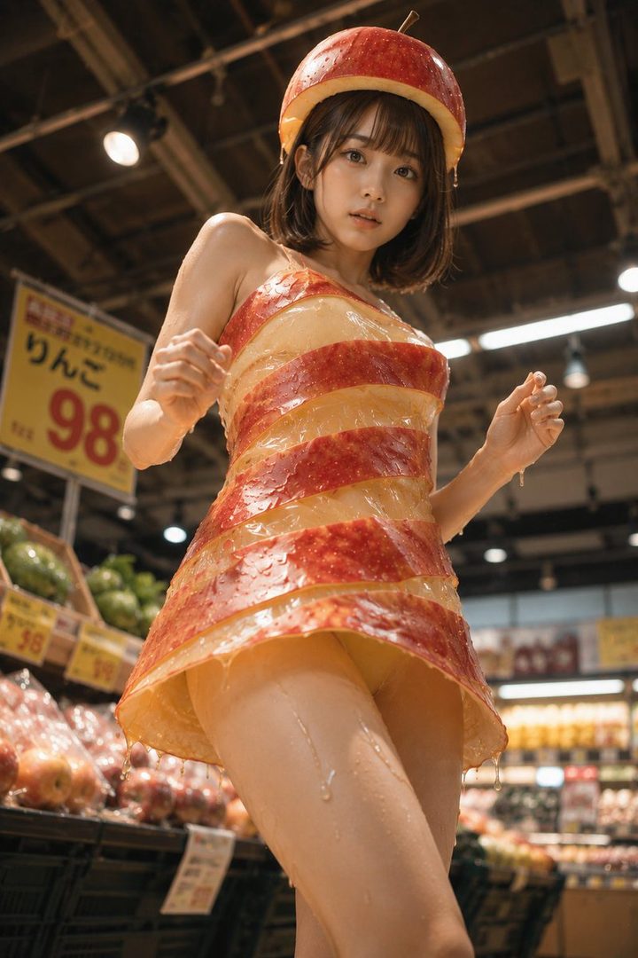 Young woman in a sticky candied apple slice dress posing in a Japanese supermarket produce section.