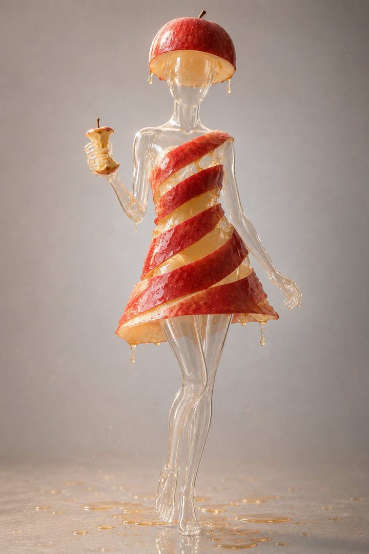 Surreal studio portrait of a transparent glass-like female figure sculpted from spiraled red apple slices forming a dress, with an apple head and dripping juice.