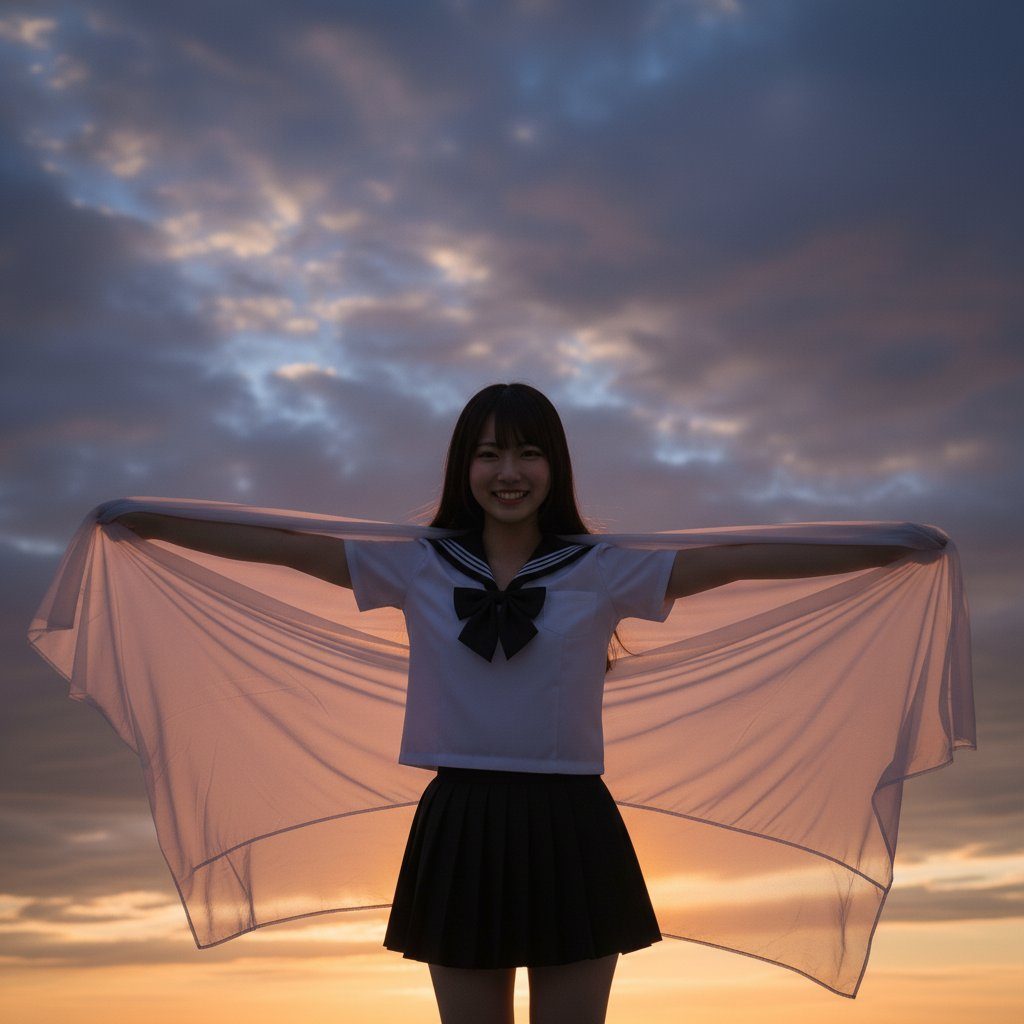 Young woman in Japanese sailor school uniform smiling while holding sheer white fabric against a dramatic sunset sky.