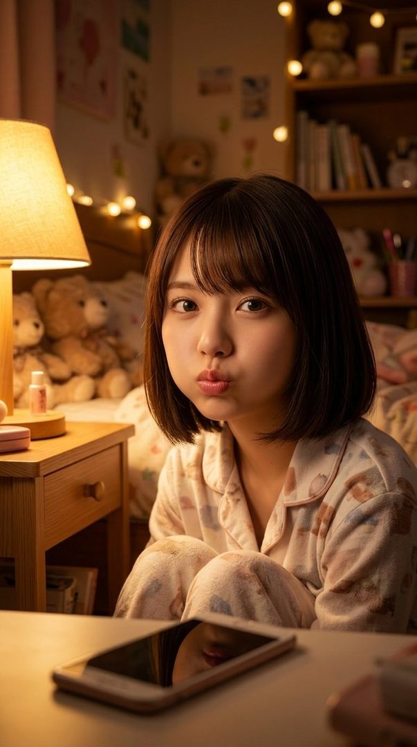 Young woman with short brown bob hair making a cute pouty face while sitting in a cozy bedroom filled with teddy bears and warm lighting.
