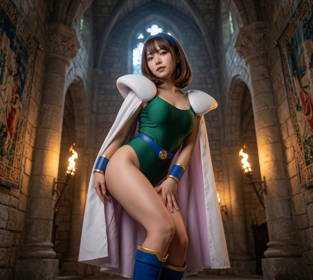 Photorealistic cosplay portrait of Celes from Final Fantasy VI in a green leotard and flowing cape inside a torch-lit stone cathedral.