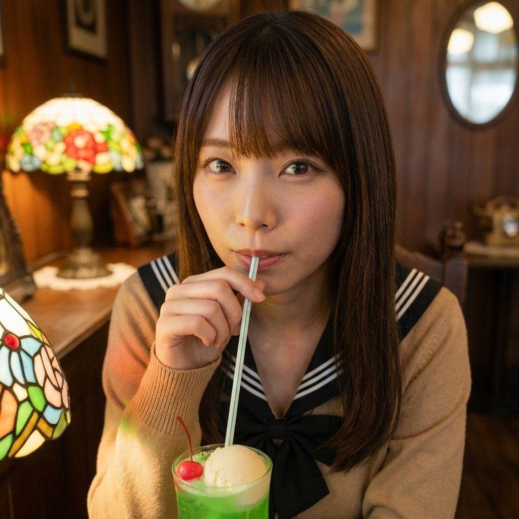 Young Japanese woman in sailor-style uniform sipping a green cream soda in a cozy retro cafe interior.