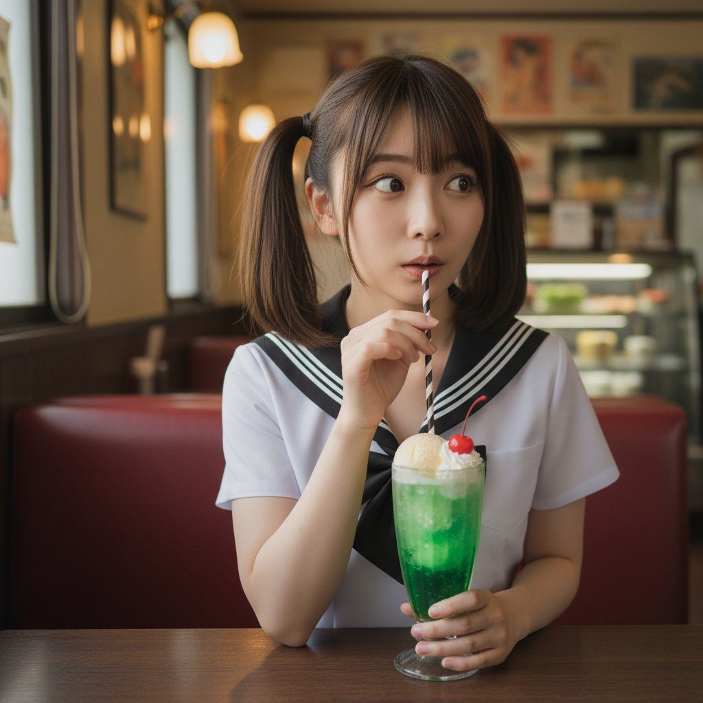 Young woman in a Japanese sailor school uniform sipping a bright green soda at a retro cafe counter.