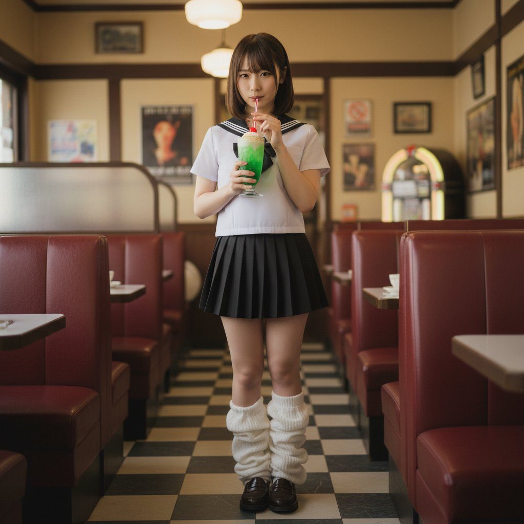 Young woman in Japanese school uniform holding a green drink in a retro American diner interior.