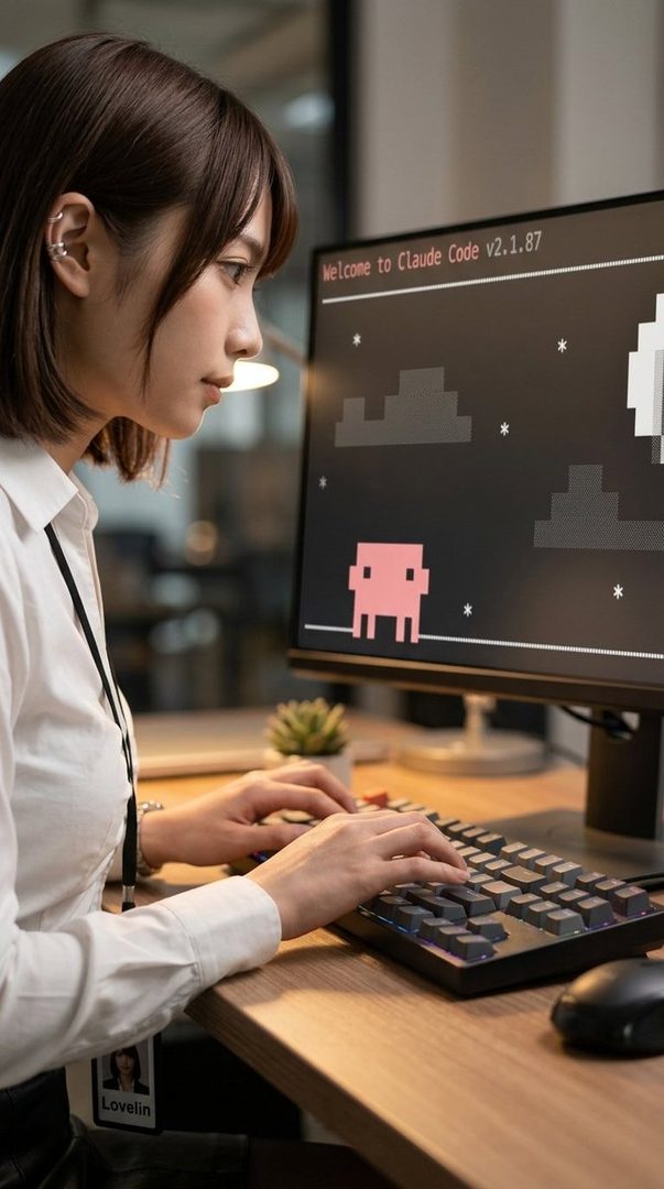 Young Japanese woman with short brown hair in white blouse typing at office desk with pixel art game on monitor.