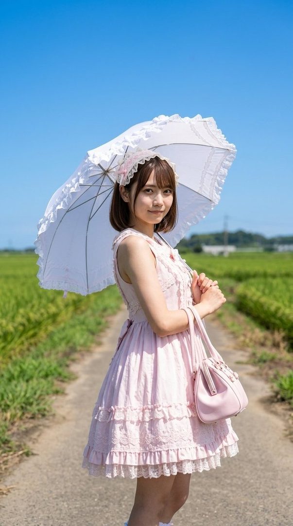 Young woman in a pink dress holding a white lace parasol on a rural path under blue sky.