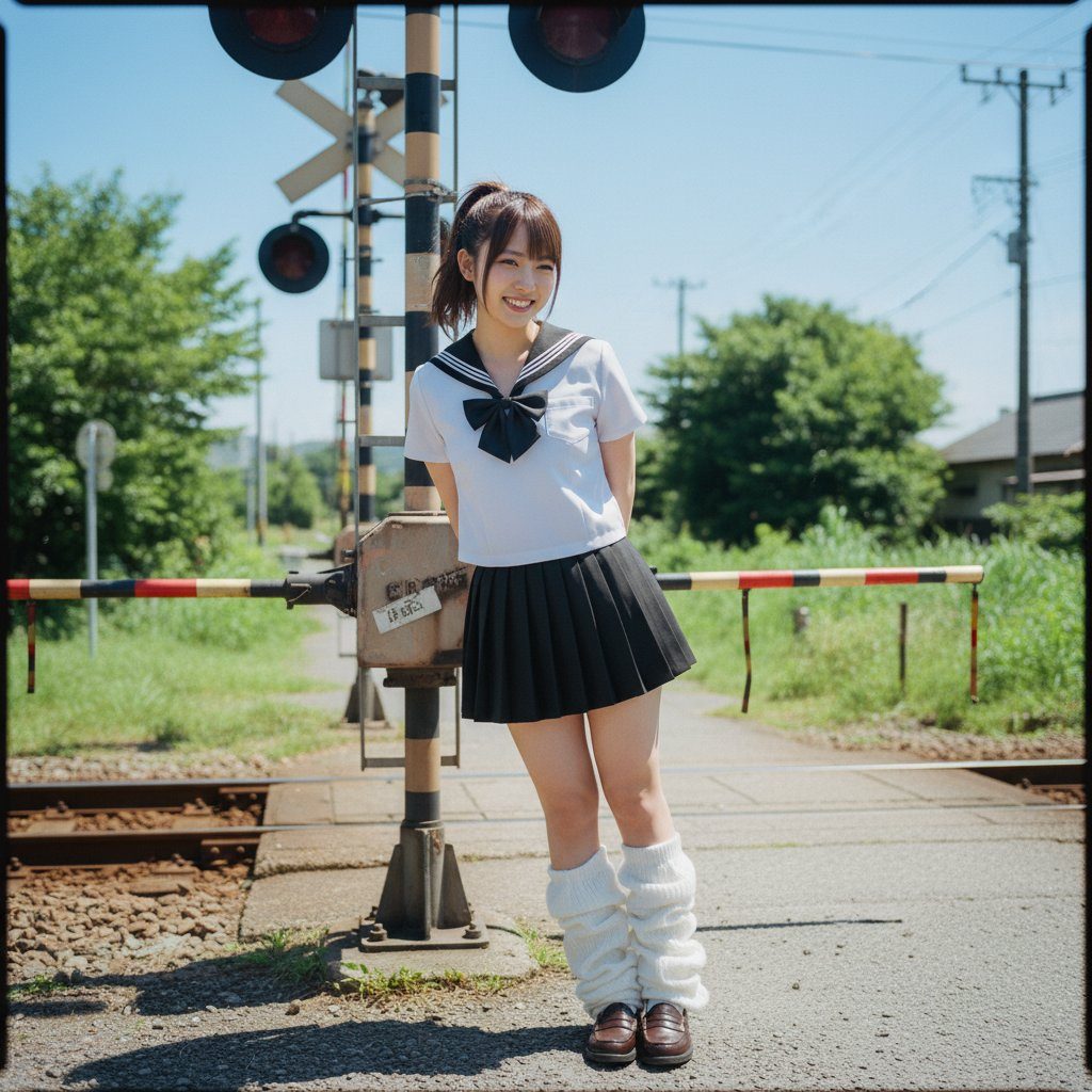 Young woman in Japanese school uniform smiling at a sunny rural railroad crossing.