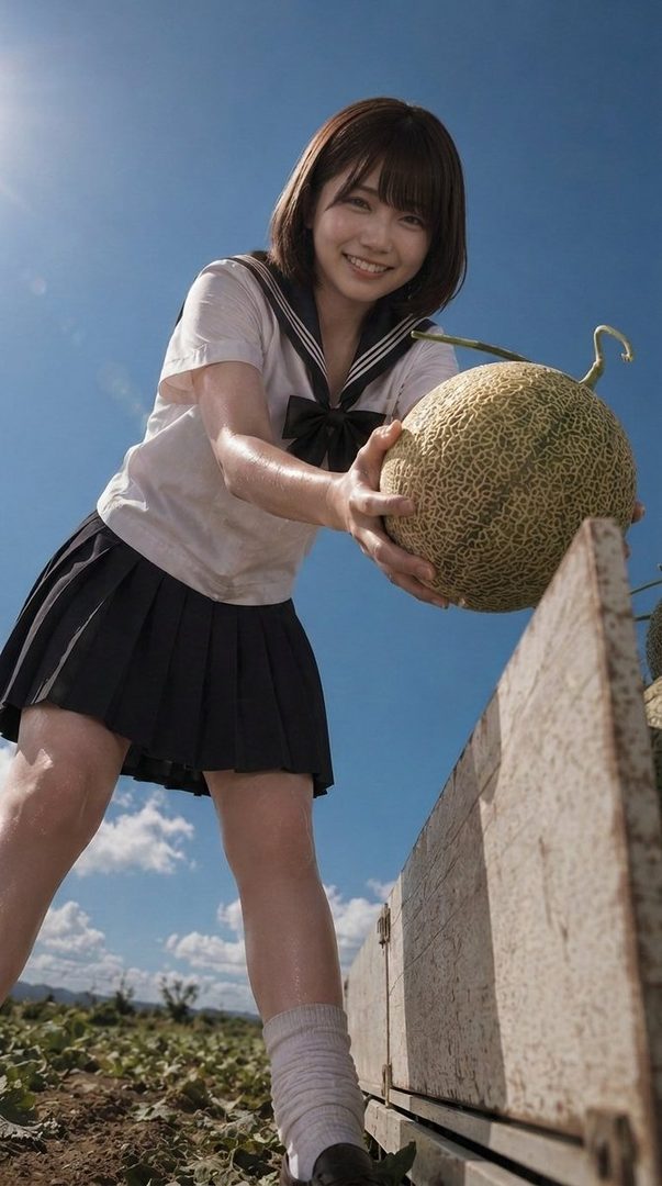 Young woman in Japanese school uniform smiling while holding a large melon outdoors under a clear blue sky.