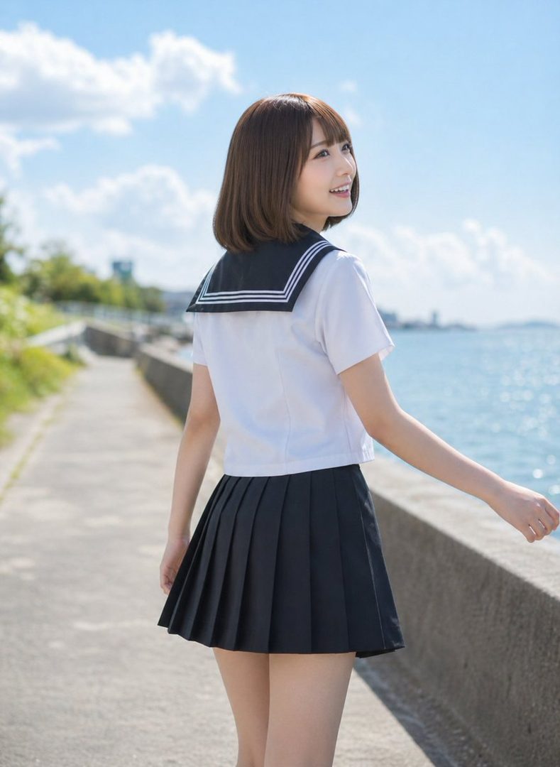 Young Japanese woman in sailor school uniform smiling over her shoulder by the seaside promenade on a sunny day.