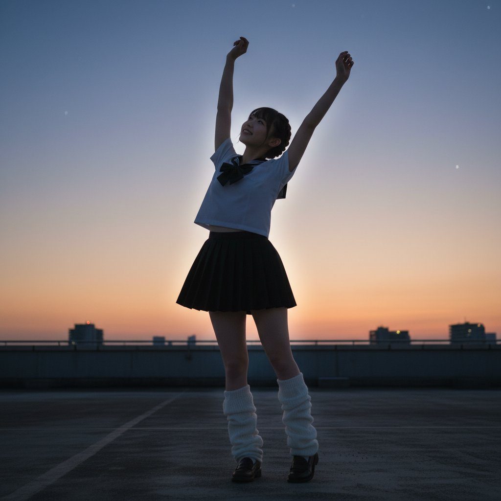 Young woman in Japanese school uniform joyfully raising her arms on a city rooftop at sunset.