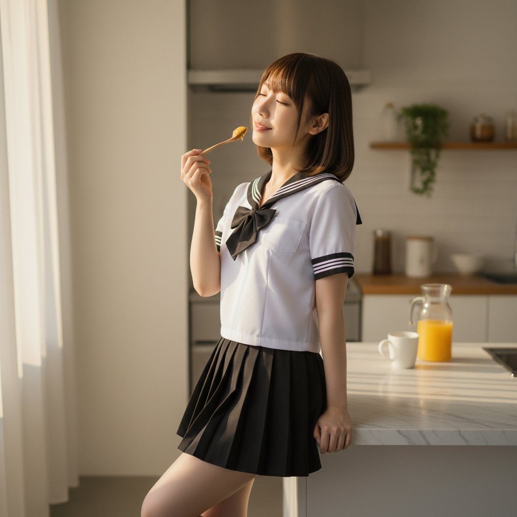 Young woman in Japanese sailor school uniform holding a spoon in a bright modern kitchen.