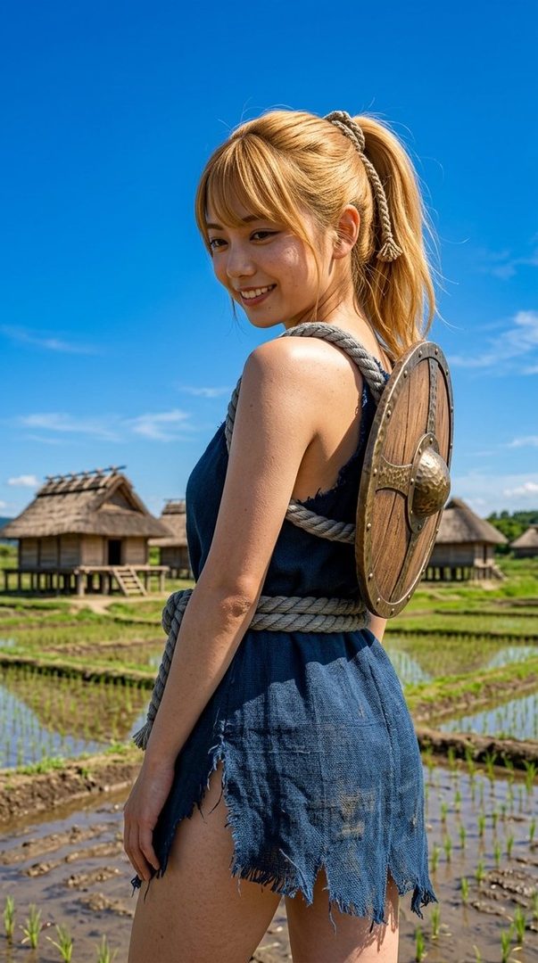 Young blonde woman cosplaying as Kohaku from Dr. Stone, wearing a ragged blue dress with rope straps and a round shield on her back, smiling over her shoulder in a sunny rice paddy with traditional thatched houses.