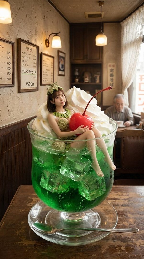 A tiny woman in a green leaf-themed outfit sits playfully inside a giant glass of vibrant green soda topped with whipped cream and a cherry in a cozy Japanese cafe.