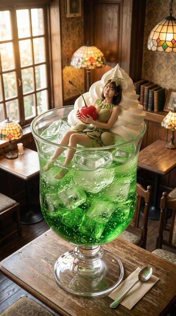 A tiny adult woman in a green dress sits inside an oversized glass of sparkling green melon cream soda topped with whipped cream and a cherry, set on a wooden cafe table.