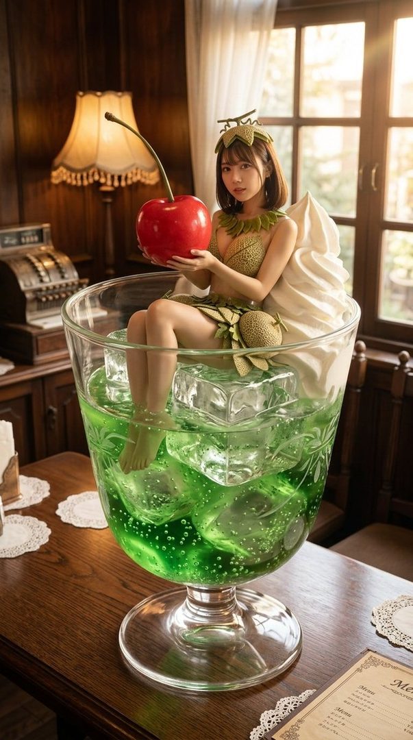 Young woman in a melon-themed leafy costume sitting inside an oversized green cream soda glass with ice and a giant cherry in a retro Japanese cafe.