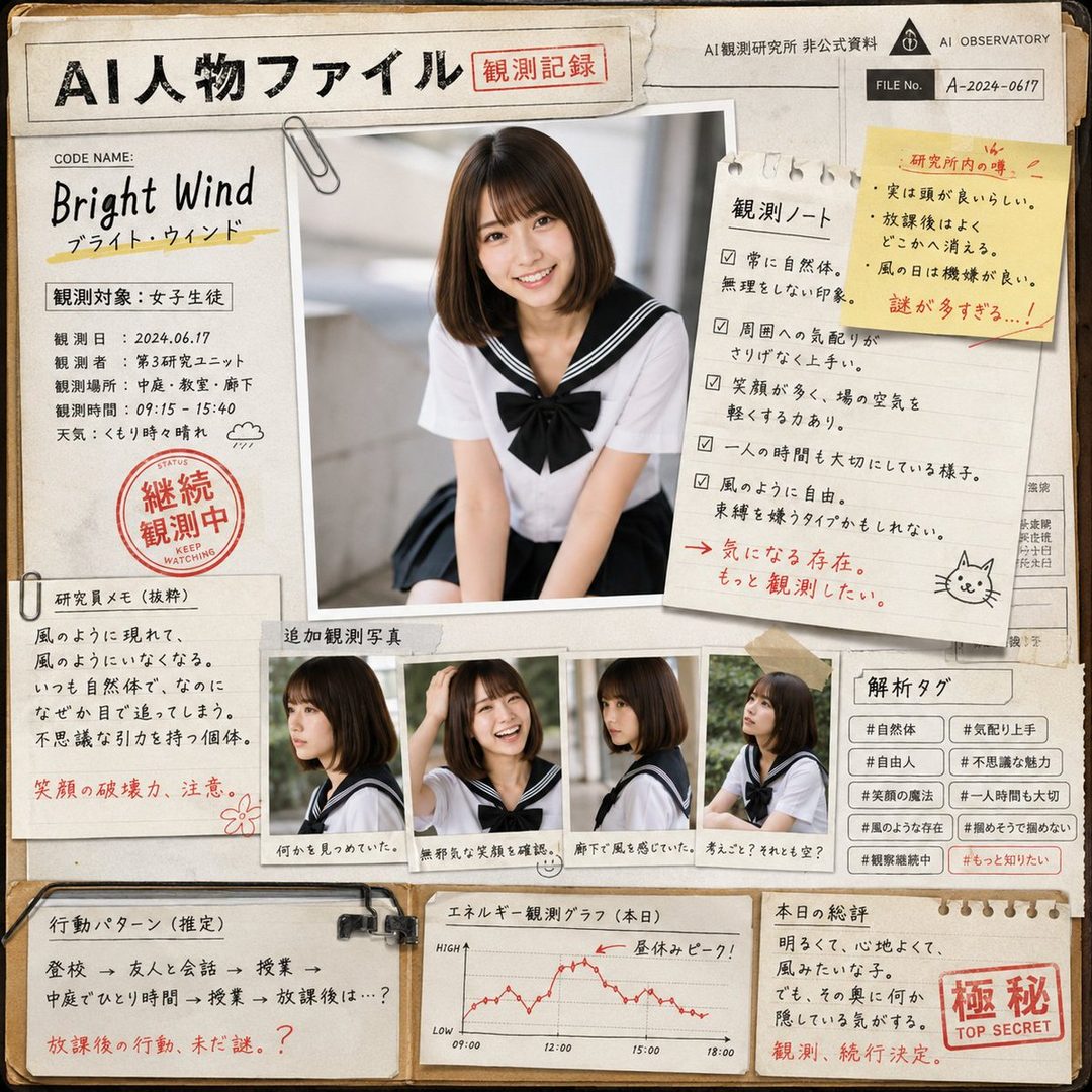 Young Japanese woman with brown bob hair in sailor school uniform smiling indoors, presented in an AI observation dossier collage.
