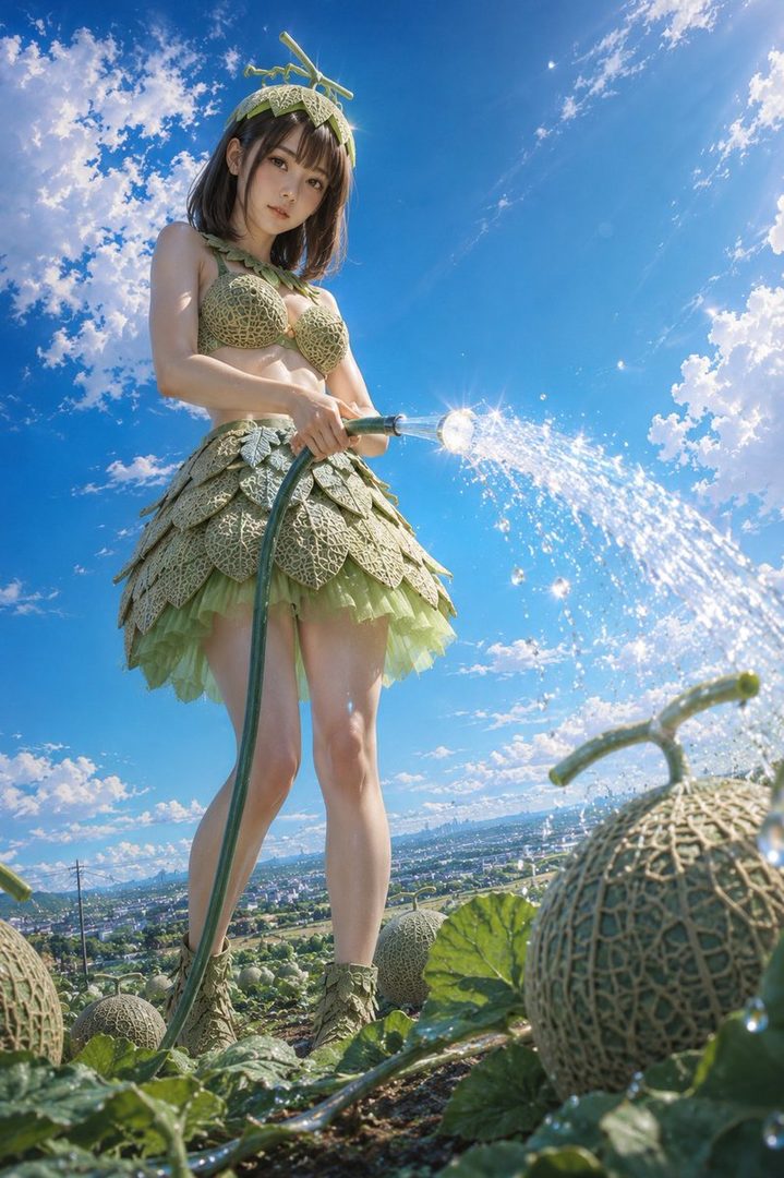 Young woman in a leafy vegetable-themed outfit holding a hose and watering melons under a bright blue sky.