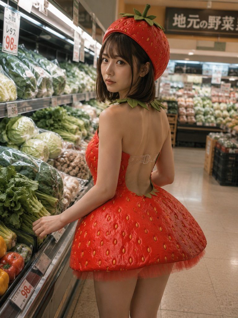 Young woman in a playful strawberry costume posing in a supermarket produce aisle.