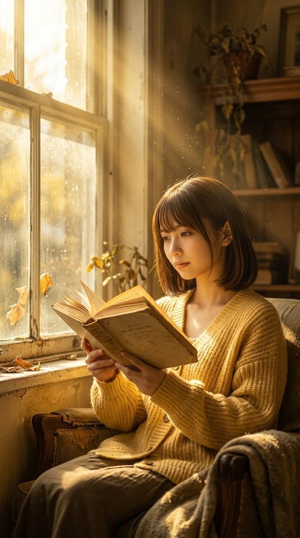 A young woman with a brown bob haircut reading an open book while bathed in golden sunlight by a large window in a cozy room.