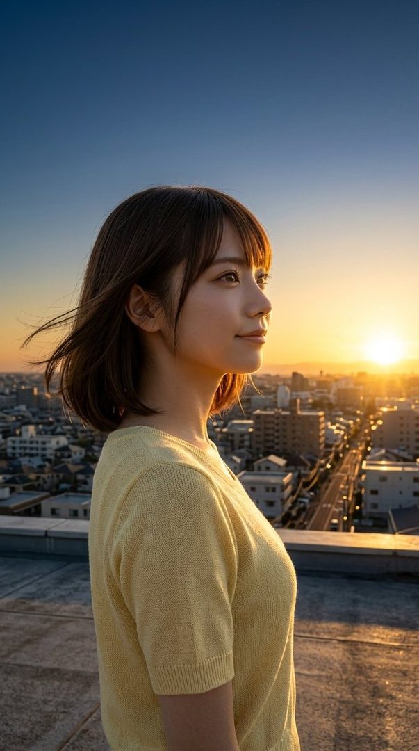 Young woman in a yellow knit sweater gazing at a city sunset from a rooftop.