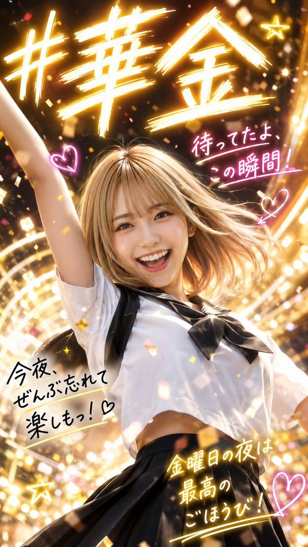 Joyful blonde young woman in school uniform celebrating energetically with raised arm amid golden confetti and sparkles.