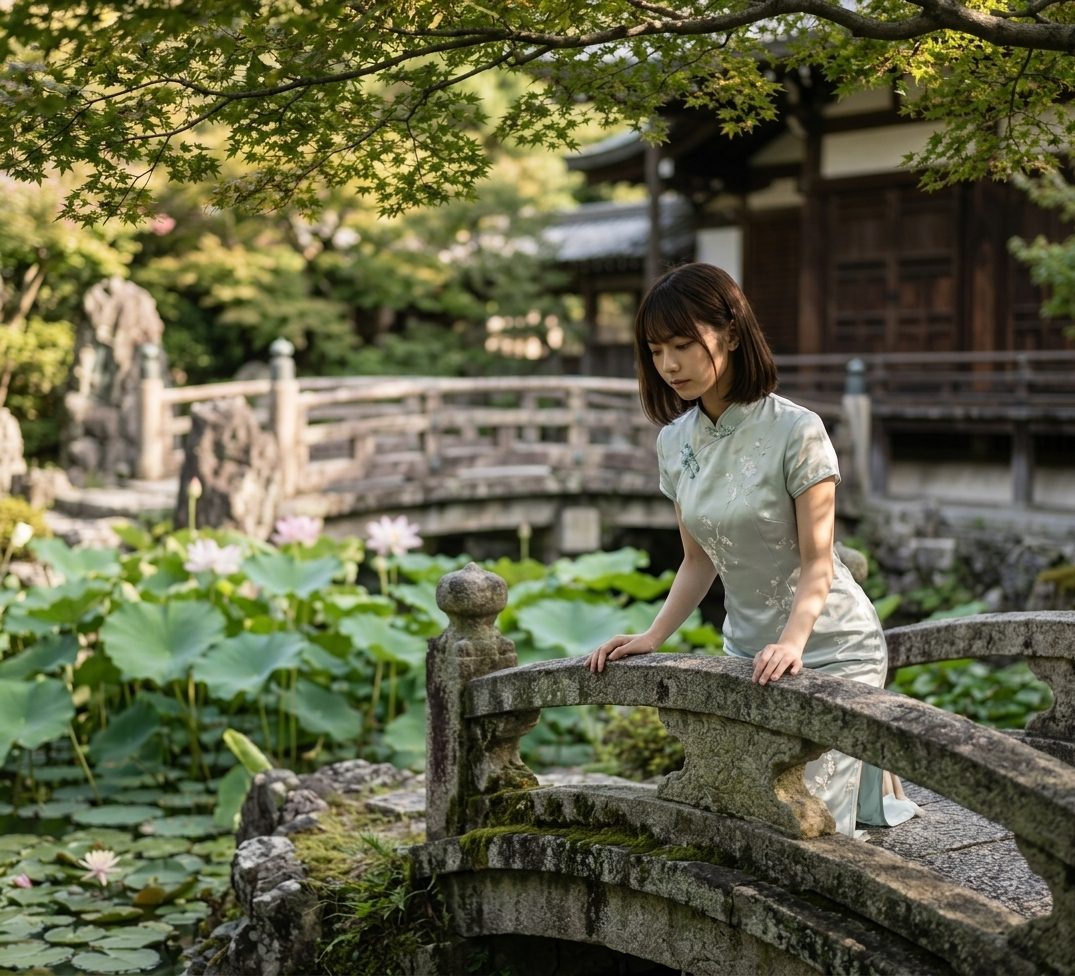 A young East Asian woman in a light green qipao standing gracefully on a mossy stone bridge in a tranquil Japanese garden with lotus flowers and traditional architecture.