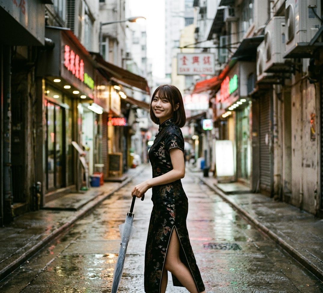 Young East Asian woman in a black floral qipao smiles while holding a clear umbrella on a rainy urban alley at dusk.