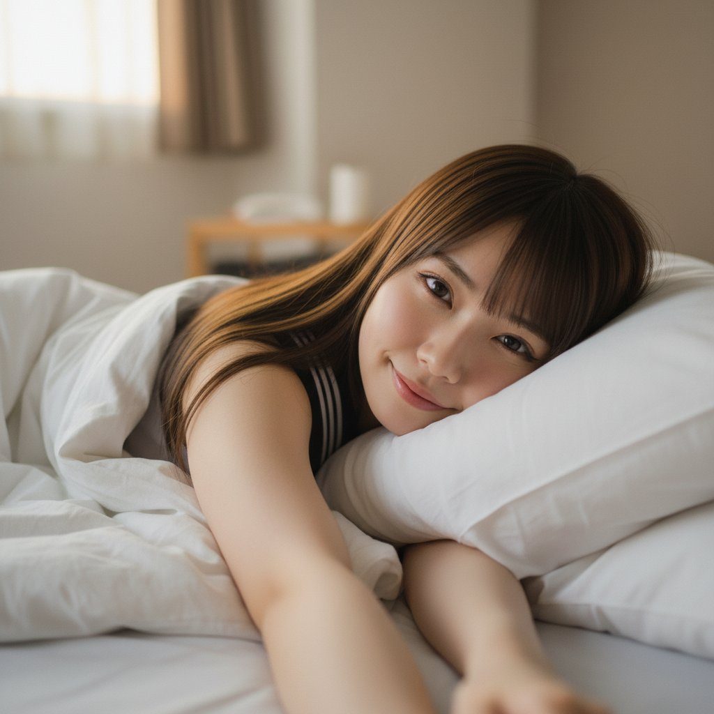 A young woman with long brown hair and bangs lying in bed under white covers, resting her head on a pillow and smiling gently at the viewer.