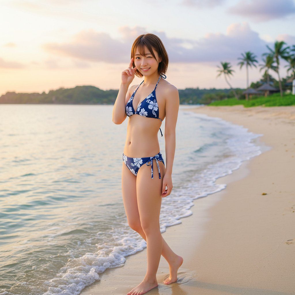 Young woman in a blue floral bikini posing playfully on a tropical beach at sunset with ocean waves and palm trees.