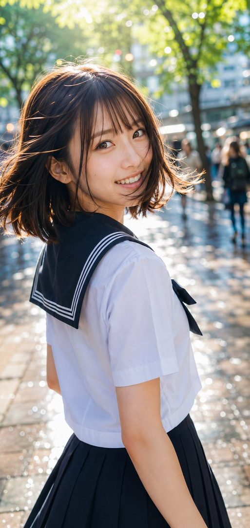 A young Japanese woman in a sailor school uniform smiles while looking back on a sunny city street.
