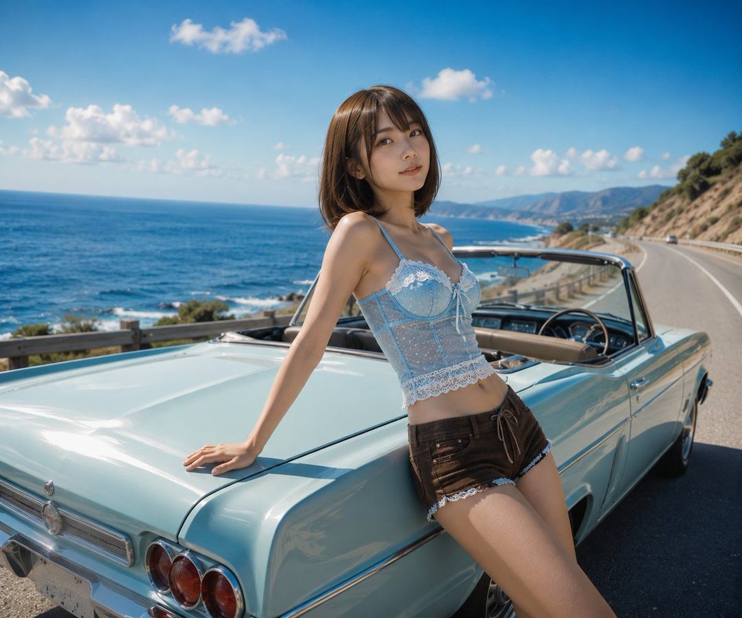 Young woman in light blue lace crop top and shorts posing beside a vintage convertible on a sunny coastal highway overlooking the ocean.