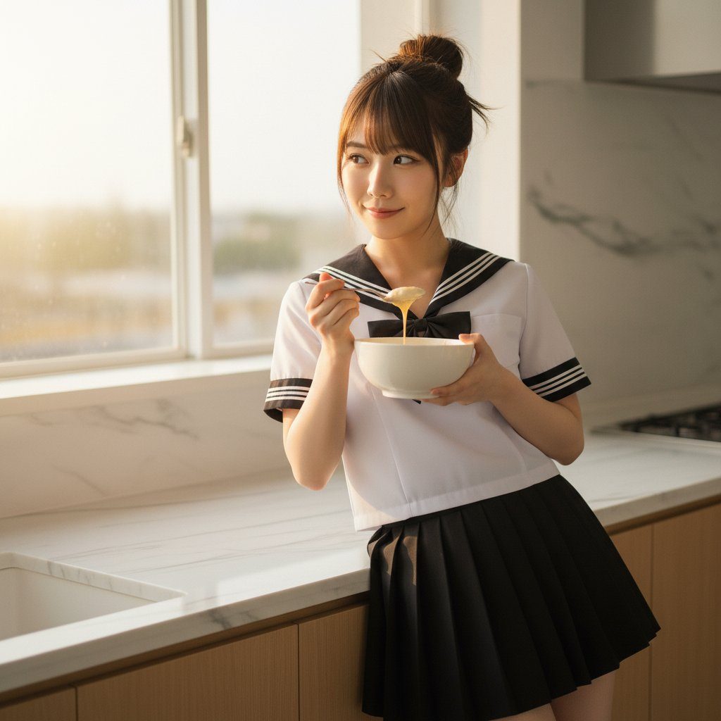 Young woman in Japanese sailor school uniform holding a bowl and spoon in a bright modern kitchen.