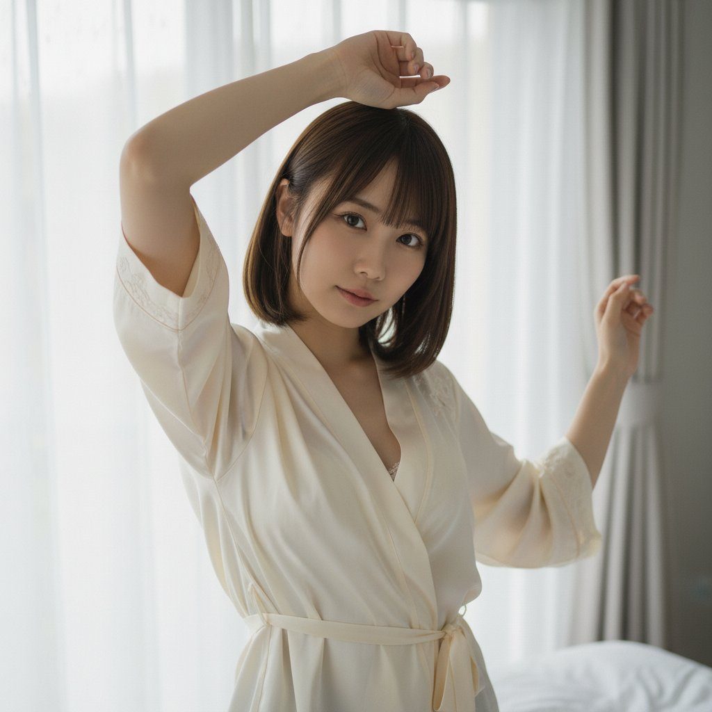 Young Japanese woman with a brown bob haircut posing gracefully in a white satin robe by sheer curtains.