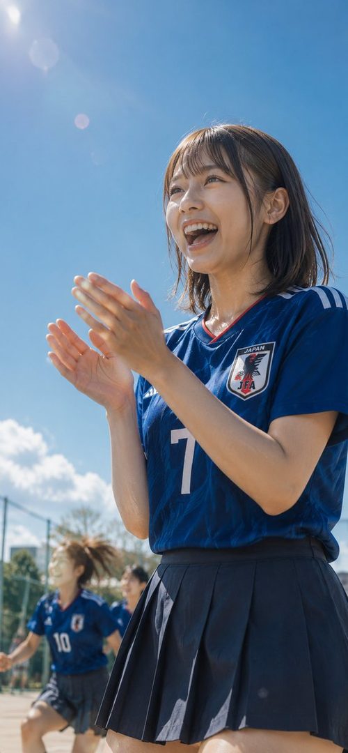A smiling young Japanese woman in a blue national soccer jersey clapping on a sunny outdoor field with teammates in the background.