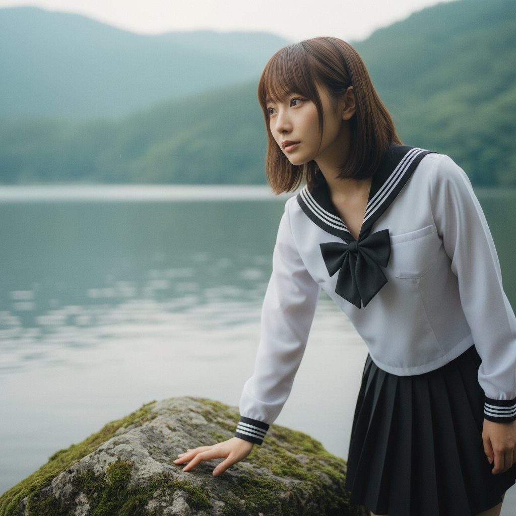Young woman in a white sailor-style school uniform leaning on a mossy rock beside a calm misty lake with green mountains behind her.