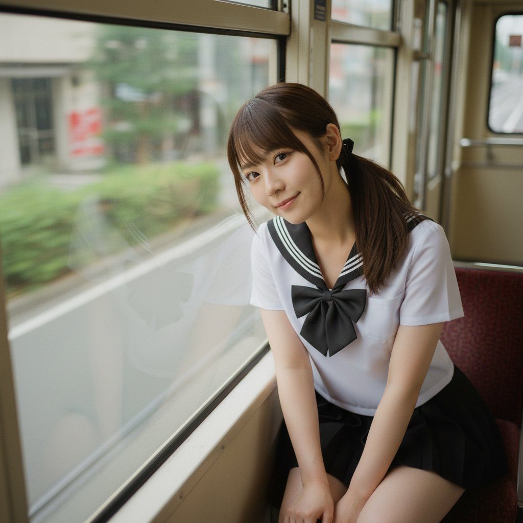 Young woman in Japanese sailor school uniform sitting by the window inside a train during daytime.