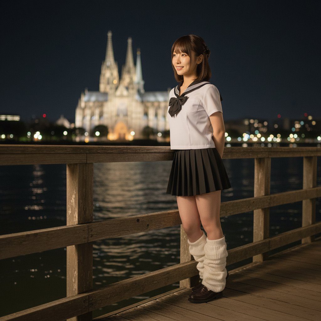 Young woman in Japanese school uniform posing at night on a wooden pier with a glowing cathedral in the background.
