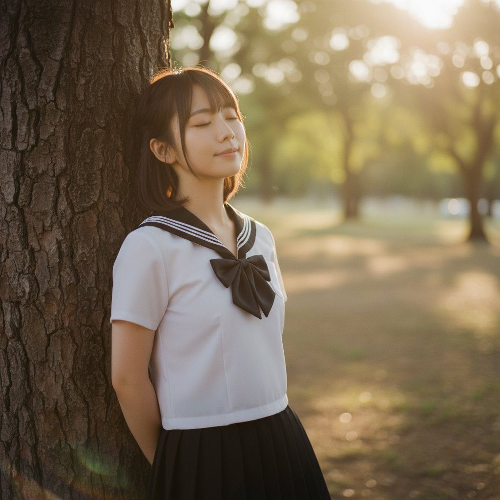 Young woman in Japanese sailor school uniform leaning against a tree with eyes closed in a sunlit park at golden hour.