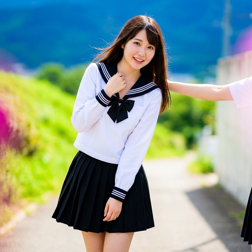 A smiling young woman in a Japanese sailor-style school uniform standing on a sunny outdoor path with green hills in the background.