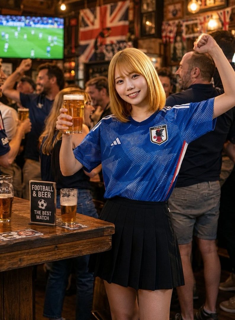 Young blonde woman in a Japan soccer jersey smiling and raising a beer glass in a lively pub during a football match.