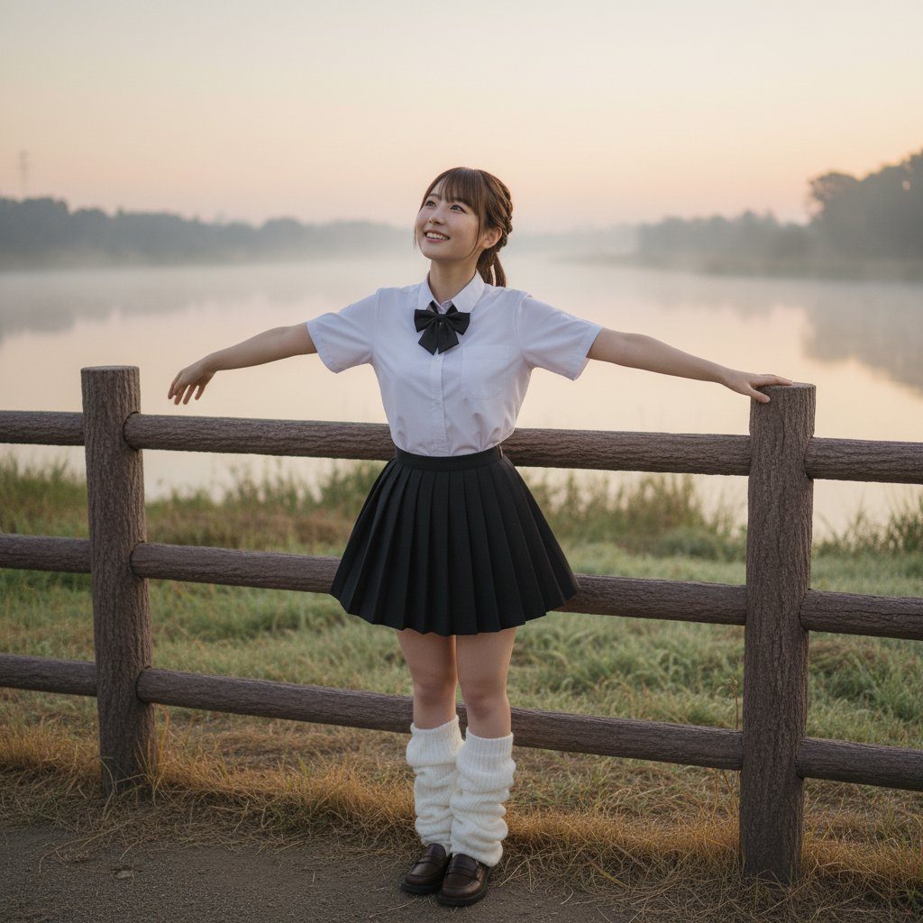 Young Japanese woman in school uniform leaning on a wooden fence by a misty lake at sunrise.