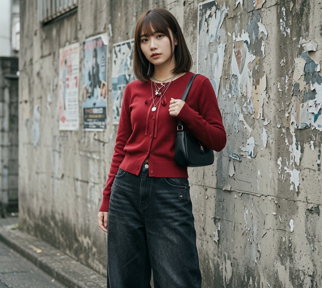 Young woman with brown bob hair wearing a red cardigan and dark jeans standing against a weathered urban wall covered in posters.