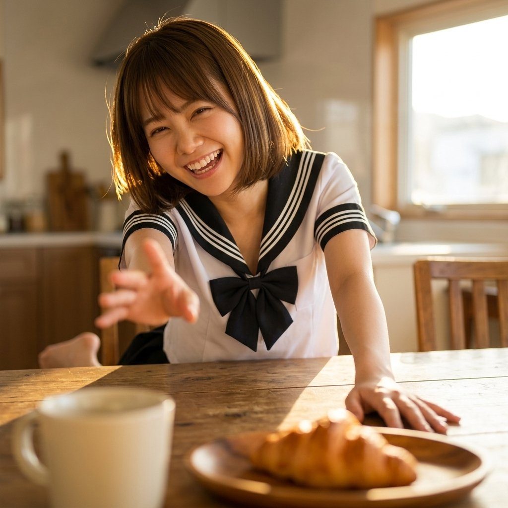 Smiling young woman in Japanese sailor uniform reaching across a sunlit kitchen table with croissant and coffee.