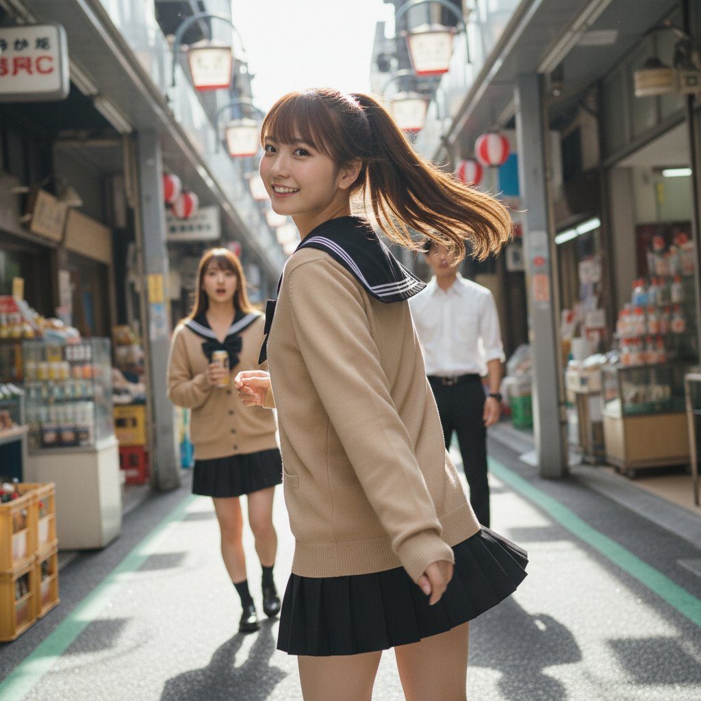 Young Japanese woman in school uniform cardigan and pleated skirt with flowing ponytail smiling on a sunny Japanese shopping street.