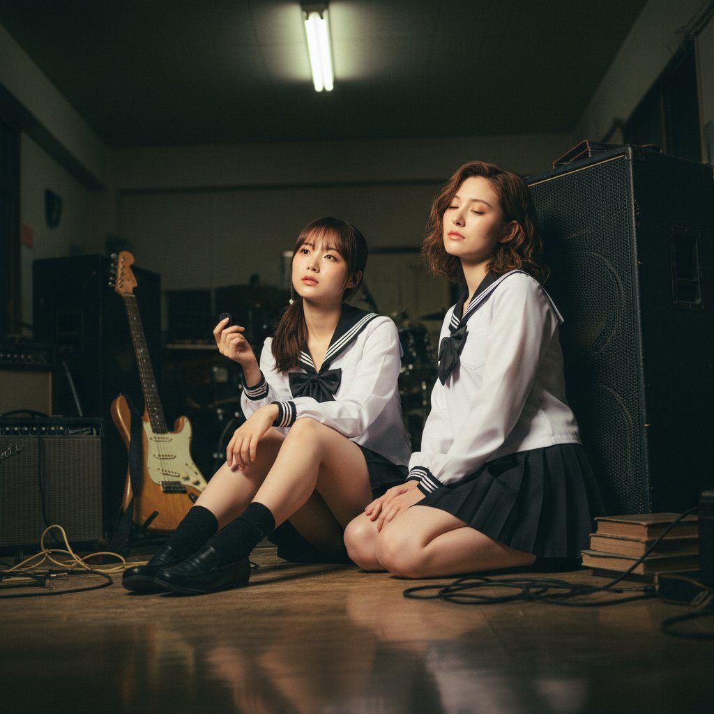 Two young women wearing Japanese sailor-style school uniforms seated on the floor inside a dimly lit music studio surrounded by guitars and amplifiers.