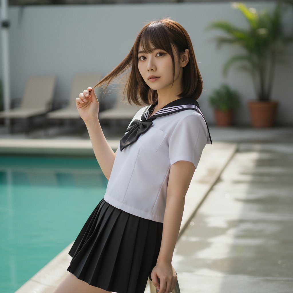 Young woman in Japanese school uniform posing beside a sunny swimming pool, holding a strand of her brown bob hair.