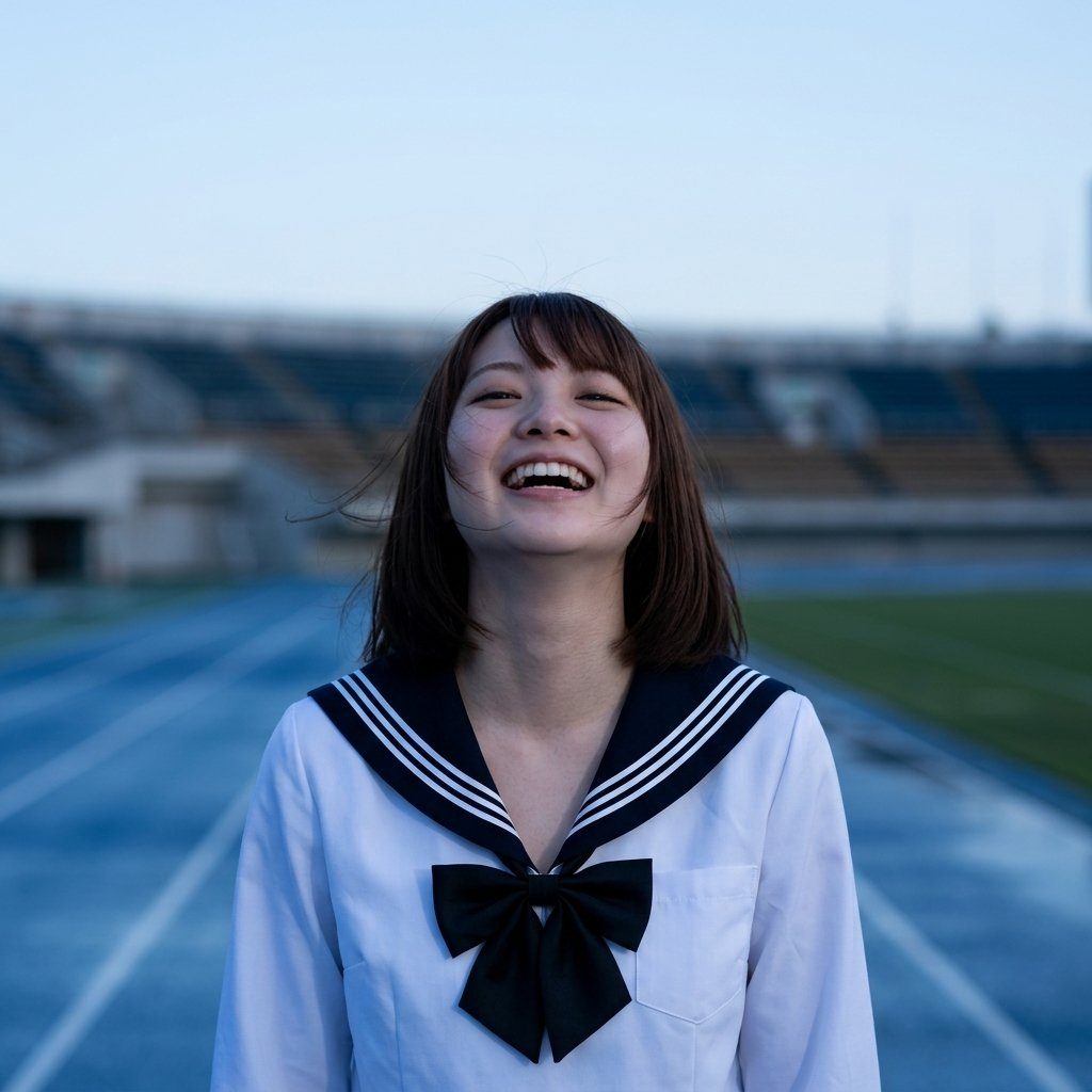 A young woman in a white sailor uniform smiles joyfully on a blue running track at dusk in an empty stadium.