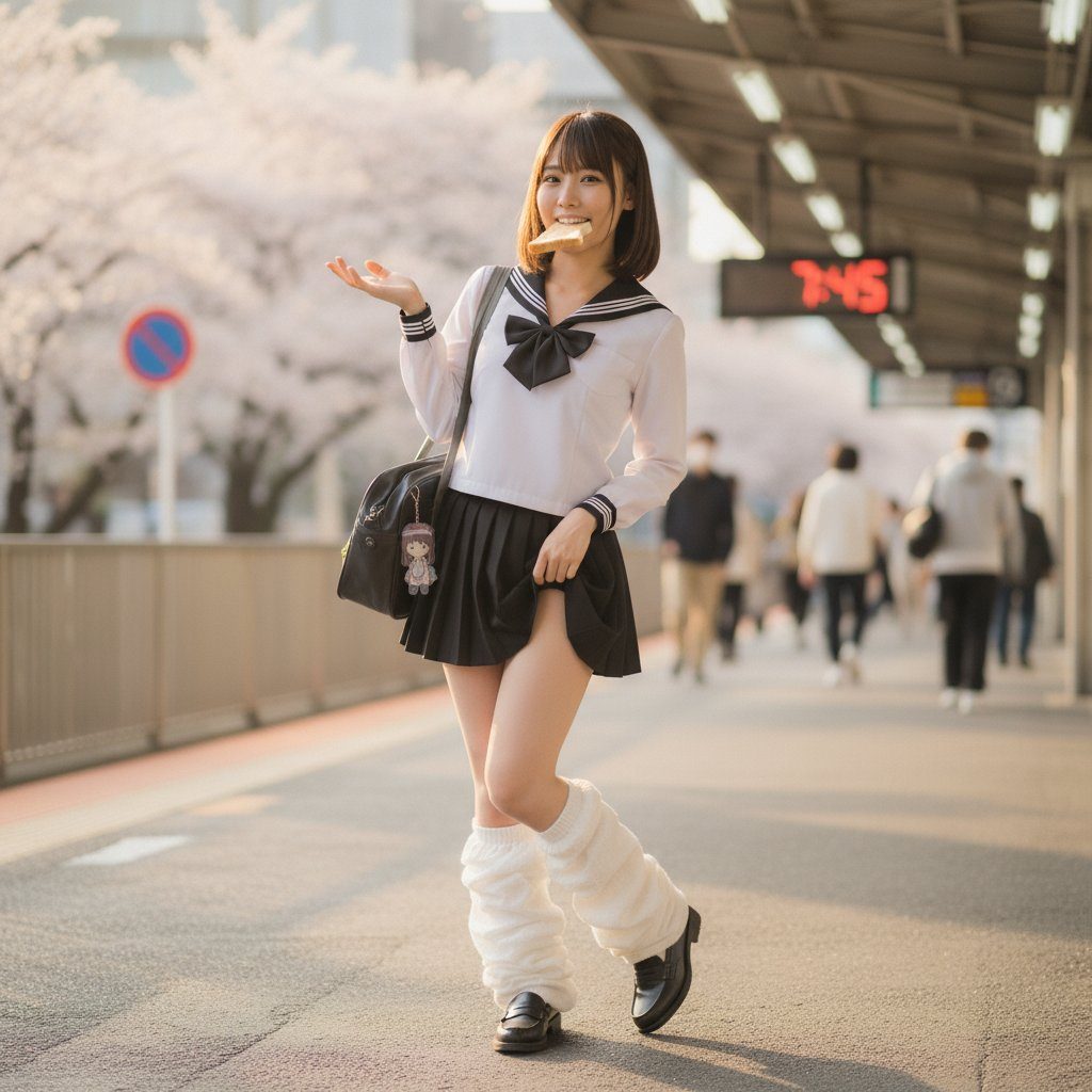 Young Japanese woman in sailor school uniform posing playfully on a cherry blossom street with bread in her mouth at a train station.