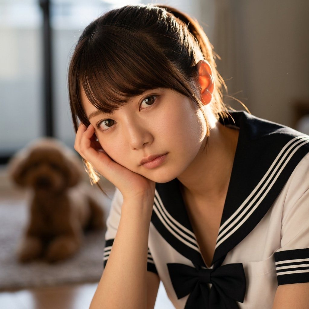 Young woman in a Japanese sailor-style school uniform resting her chin on her hand in a softly lit indoor setting with a small dog blurred in the background.