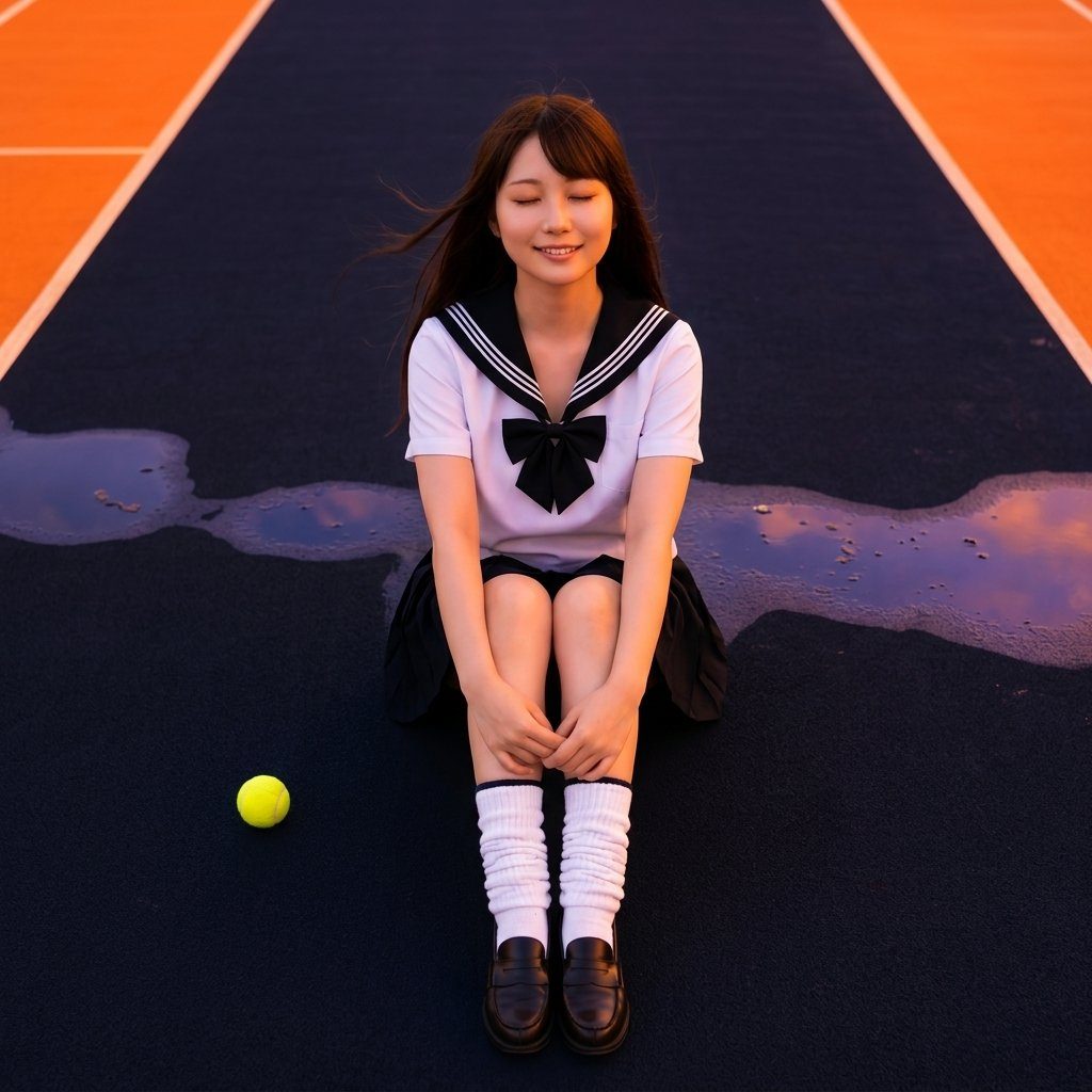 Young woman in Japanese sailor school uniform sitting on a tennis court at sunset with a tennis ball nearby.
